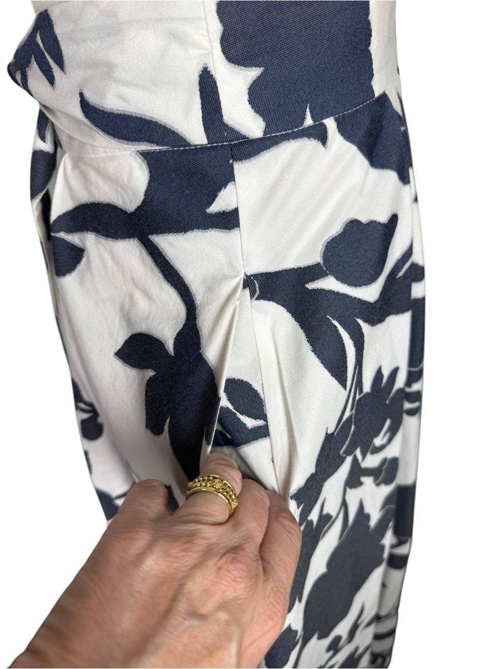 Milly Navy White Floral Cotton Midi Circle Skirt Tie Waist Pockets 6 - Picture 6 of 13